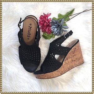 Mudd Black Lattice Slingback Cork Wedges Platform Heels Size 8